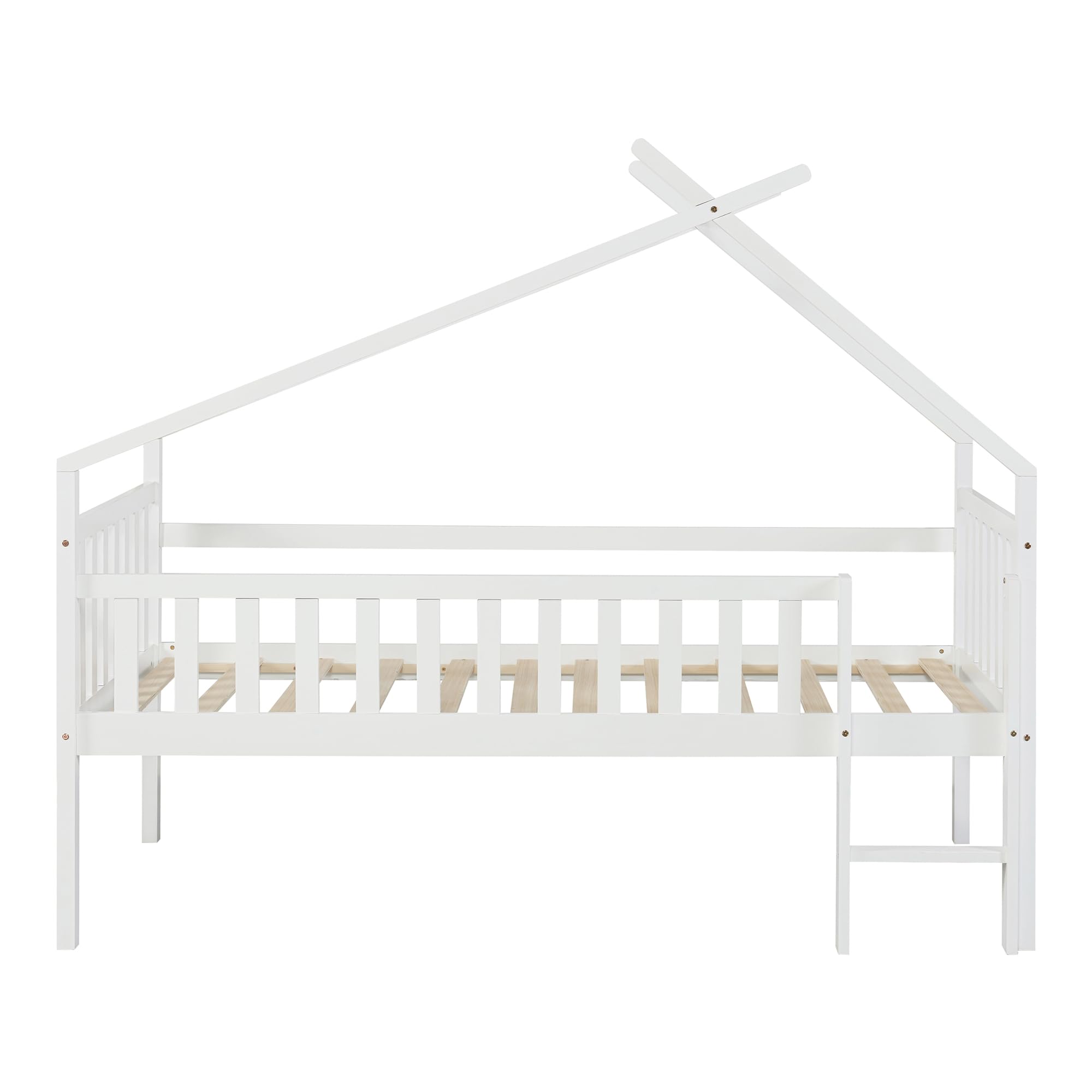[en.casa] Lit Cabane Lit Enfant Surélevé en Forme de Maison avec Barrière de Protection Échelle Lit Mezzanine avec Sommier à Lattes Bois de Pin Contreplaqué 90 x 200 cm Blanc