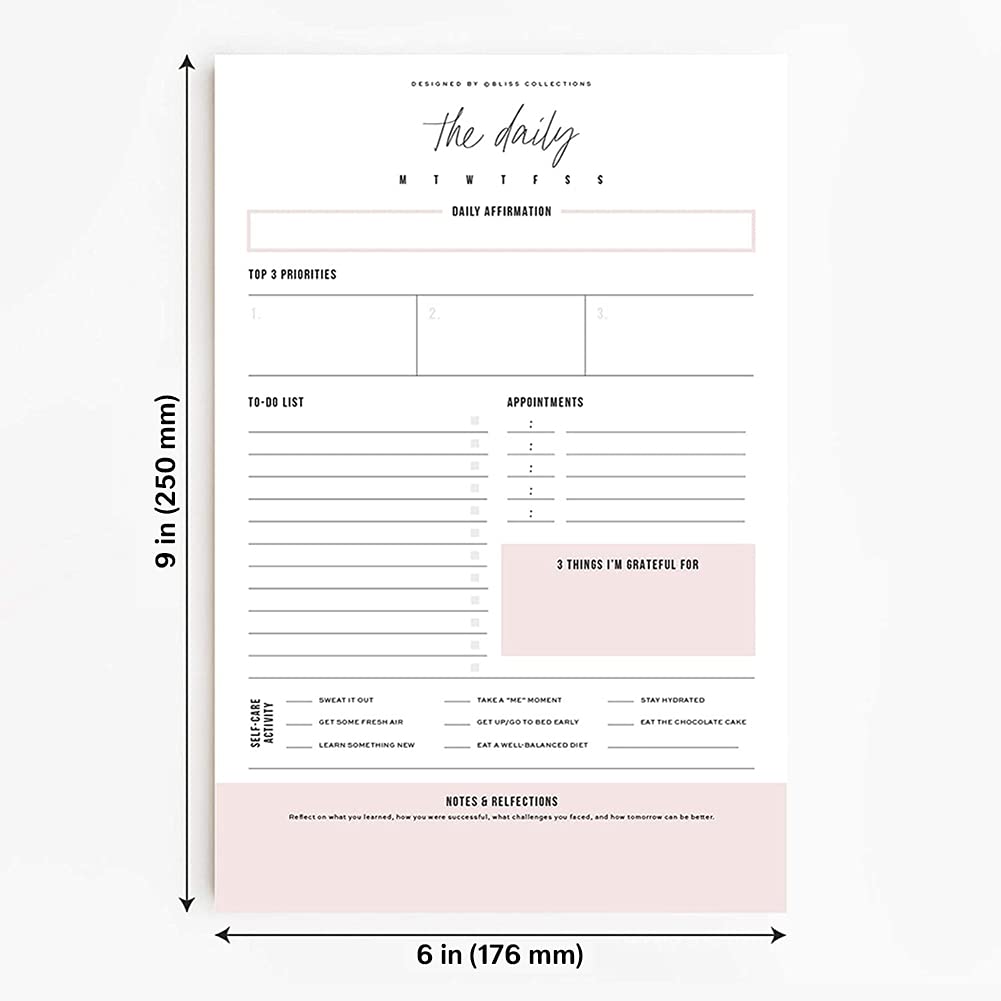 Bliss Collections Daily Planning Pad, To Do List Notebook - Undated Tear-Off Sheets Notepad - Work Calendar, Organizer, Scheduler for Goals, Tasks - Simple (Pink), 6" x 9", 50 Sheets