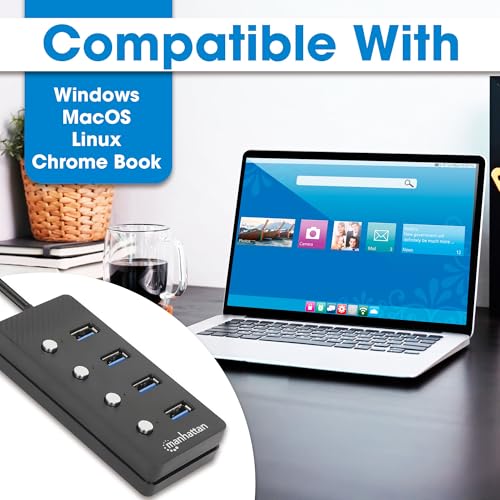 Image of 4 Port USB Extension Cable Hub with (5ft Long Cord) - USB 3.2 Powered USB Splitter On /Off Switches - USB Extender /Multiport Adapter for Desktop Computer, Laptop, PC Accessories