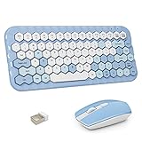 Wireless Keyboard and Mouse Combo, Cute Keycaps Keyboard with Hexagonal Keys and Chic Optical Mouse, Stable 2.4GHz for Desktop PC Computer Windows Office Game Home (Blue Colorful)