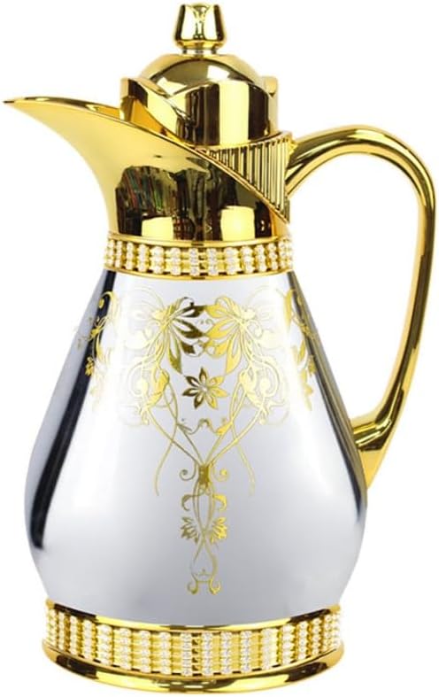 1-Liter Large Turkish Persian Aladdin Lamp Style Arabic Middle Eastern Coffee Tea Hot Cold Water Beverage Vacuum Insulated Locking Top Lock Flask Kettle Glass liner Gold