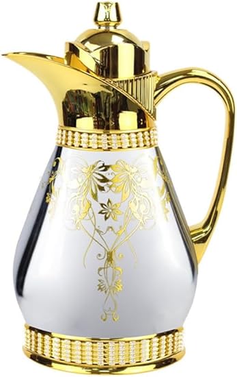 1-Liter Large Turkish Persian Aladdin Lamp Style Arabic Middle Eastern Coffee Tea Hot Cold Water Beverage Vacuum Insulated Locking Top Lock Flask Kettle Glass liner Gold