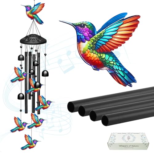Hummingbird Wind Chimes for Outside Soft Tone Black Metal Windchimes with Bells Vivid Hummingbirds Decor for Garden Yard Patio Memorial Sympathy Gifts for Women Mom Grandma Bird Lovers in Gift Box
