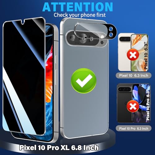 Image of 3 Pack Privacy Screen Protector for Google Pixel 10 Pro XL Tempered Glass + 2 Pack Camera Lens Protector, True 25Anti Spy, 9H+ Hardness, Fingerprint Unlock, Case Friendly Bubble-Free 6.8 Inch