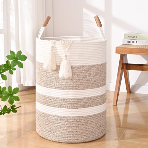 Image of Large Laundry Basket, Laundry Hamper with Leather Handles, 90L Woven Dirty Clothes Hamper, Rope Hampers for Bedroom, Barthroom, Brown