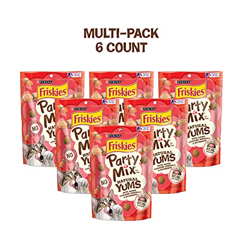 Image of Purina Friskies Natural Cat Treats, Party Mix Natural Yums With Real Salmon and Vitamins, Minerals & Nutrients - (Pack of 6) 6 oz. Pouches