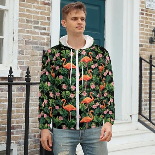 Flamingo Bird Tropical Men's Zip Up Hoodie Casual Drawstring Hooded Sweatshirt with Kanga Pocket3