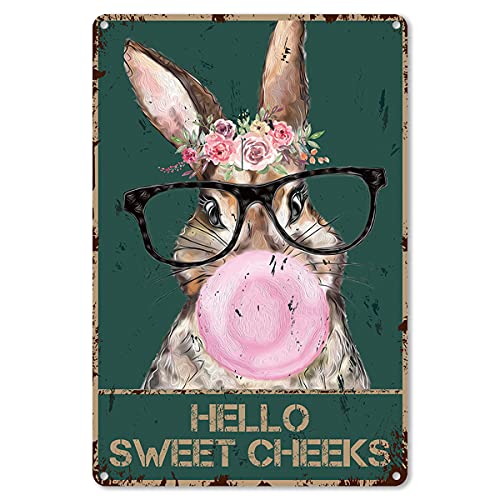 Funny Bathroom Quote Metal Tin Sign Wall Decor - Vintage Hello Sweet Cheeks Rabbit with Flowers Tin Sign for Toilet Bathroom Washroom Decor Gifts - Best Farmhouse Decor Gift Ideas for 8x12 Inch