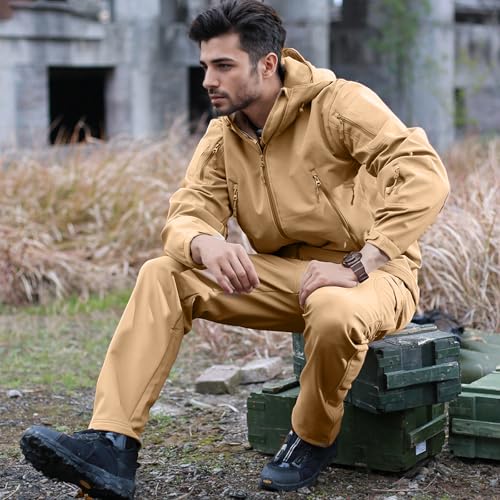 Image of Men's Tactical Fleece Lined Jacket Softshell Military Hooded 7 Pockets Windproof Outdoor Work Rain Coats Khaki M