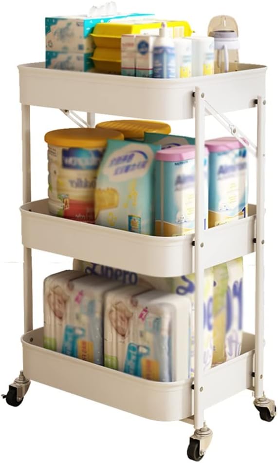 Foldable Rolling Cart 3-Tier Metal Storage Organizer Mobile Trolley for Beauty Craft Art Mesh Collapsible Utility Cart with Wheels,Slide Out Storage Cart,Mak