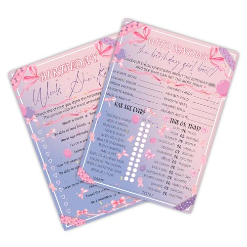 Image of Who Knows The Birthday Best - Pink Purple Party Games Card Set - Sleepover Slumber Party Supplies - Birthday Night Games Creative Idea - 20 Game Cards