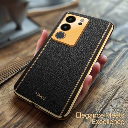 Image of Vaku Luxos Luxemberg Back Cover for Vivo V29 5G with Leather Pattern Gold Electroplated Soft TPU Cover Shockproof Protective Case- Black