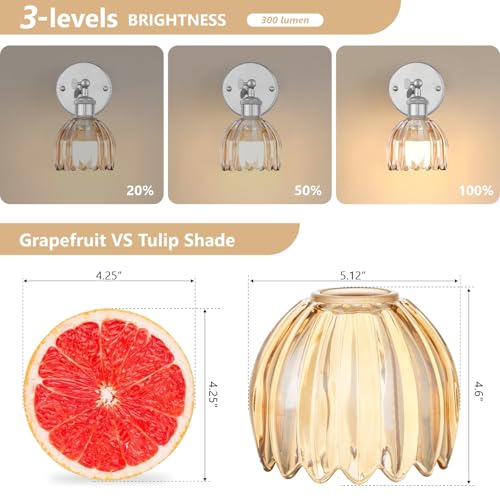 Image of Vintage Battery Operated Wall Sconce, Amber Tulip Glass Lampshade Wireless Rechargeable Battery Powered LED Wall Light with Remote Dimmable for Bedside Bedroom Living Room, Silver, Set of 2