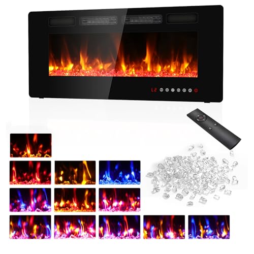 BREEZEHEAT 42 Inch Electric Fireplace Ultra Thin-Recessed Wall Mounted Fireplace Heater, Remote Control, Touch Screen, 750W/1500W, 8H Timer for Living