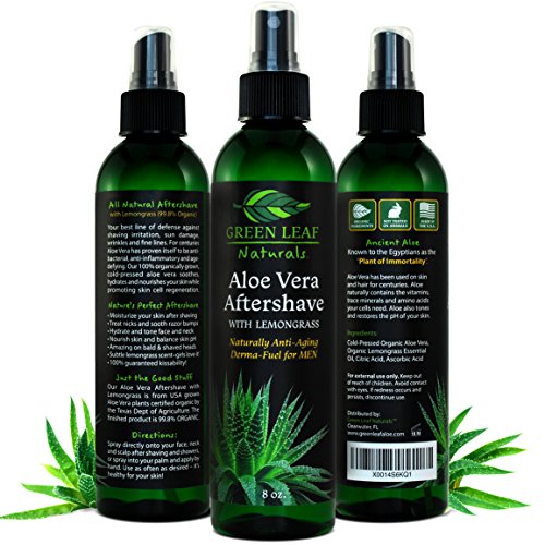 Green Leaf Naturals Aloe Vera Aftershave with Lemongrass Essential Oil - Naturally Anti-Aging Derma-Fuel for Men - 99.8% Organic - Large Long-Lasting Bottle - 8 ounce