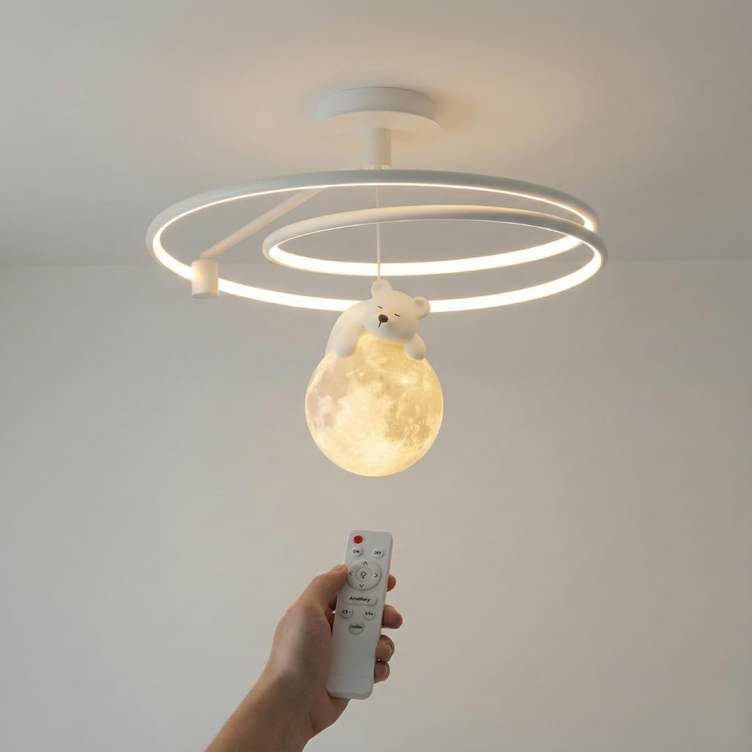 MAKA Lampadario LED Cameretta Bambini 60W Dimmerabile con Telecomando, Orsacchiotto sulla Luna, Luce Calda Naturale Fredda 3000K–4200K–6400K, Bianco, Plafoniera 15 cm, Ø 50 cm (60 Watt)