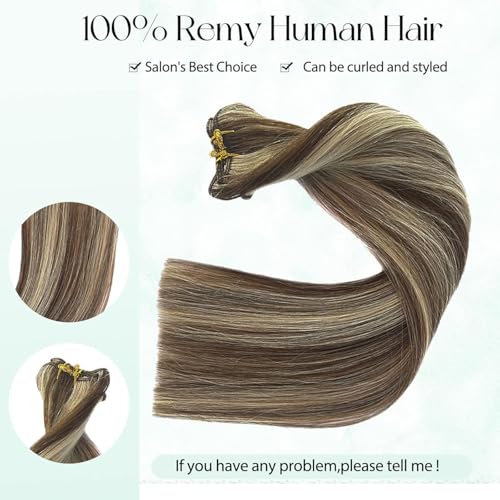 Image of Clip in Hair Extensions Real Human Hair Brown with 613 Blonde Highlight Hair Extension Clip on Extensions 12 Inch Double Weft Hair Extensions 70pcs 70g