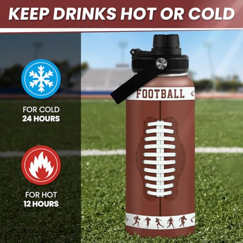 Image of SANDJEST Football Water Bottle with Lid - 32oz Insulated Stainless Steel Sport Bottle - Gifts for Men Football Players Lovers Men