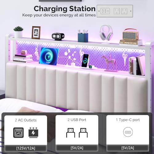 Image of VINGLI Queen Size Headboard for Bed,Upholstered Headboards with Storage, Charging Stations and LED Lights, 2 Tier Shelves and Pegboard, Modern Bed Head Board, Adjustable Height, White