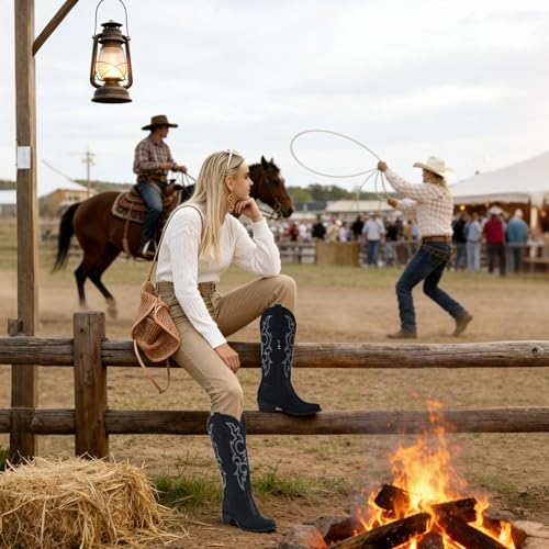 Image of Cowboy Boots for Women, Cowgirl Boots with Embroidered and Chunky Heel, Ideal for Daily Wear and Country Fashion