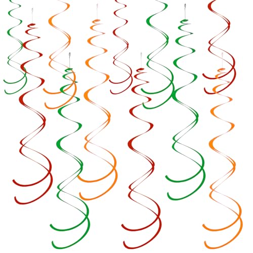 Image of Colorful Ceiling Swirl Foil Decorations Hanging Plastic Streamer Themed Swirl Party for Christmas Graduation Celebration, Pack of 28 (Red, Green and Orange)