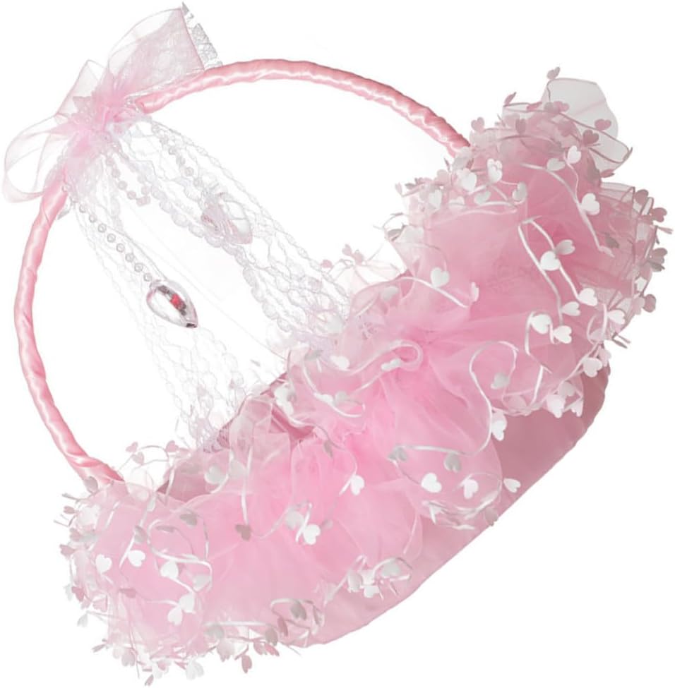 Portable Foldable Lace Wedding Flower Girl Basket Pink Handheld Decorative Flower Holder for Ceremony Supplies