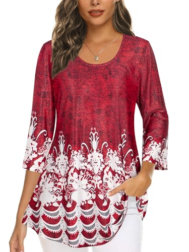 Tencole 3/4-Ärmel, Hemden für Damen, elegante Tunika, Tops, Freizeitkleidung mit Blumenmuster, rot / weiß, X-Large