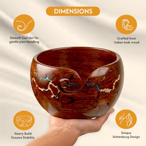 Image of Wooden Yarn Bowl Knitting & Crochet Yarn Holder | Handcrafted Crochet Bowl with Fractal Wood Burning & Blue Resin Inlay (Blue Large 7x7x4) (Multi)
