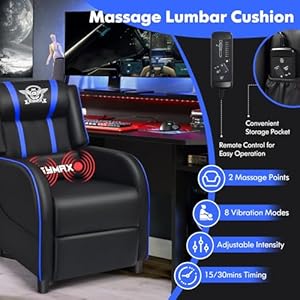 Gymax gaming recliner massage gaming chair wadjustable footrest remote control side pocket ergonomic game lounge chair racing style single theater seat game sofa for adults blue  urban country home decor