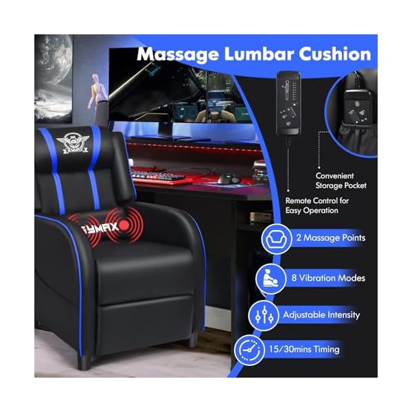 Gymax gaming recliner massage gaming chair wadjustable footrest remote control side pocket ergonomic game lounge chair racing style single theater seat game sofa for adults blue  urban country home decor