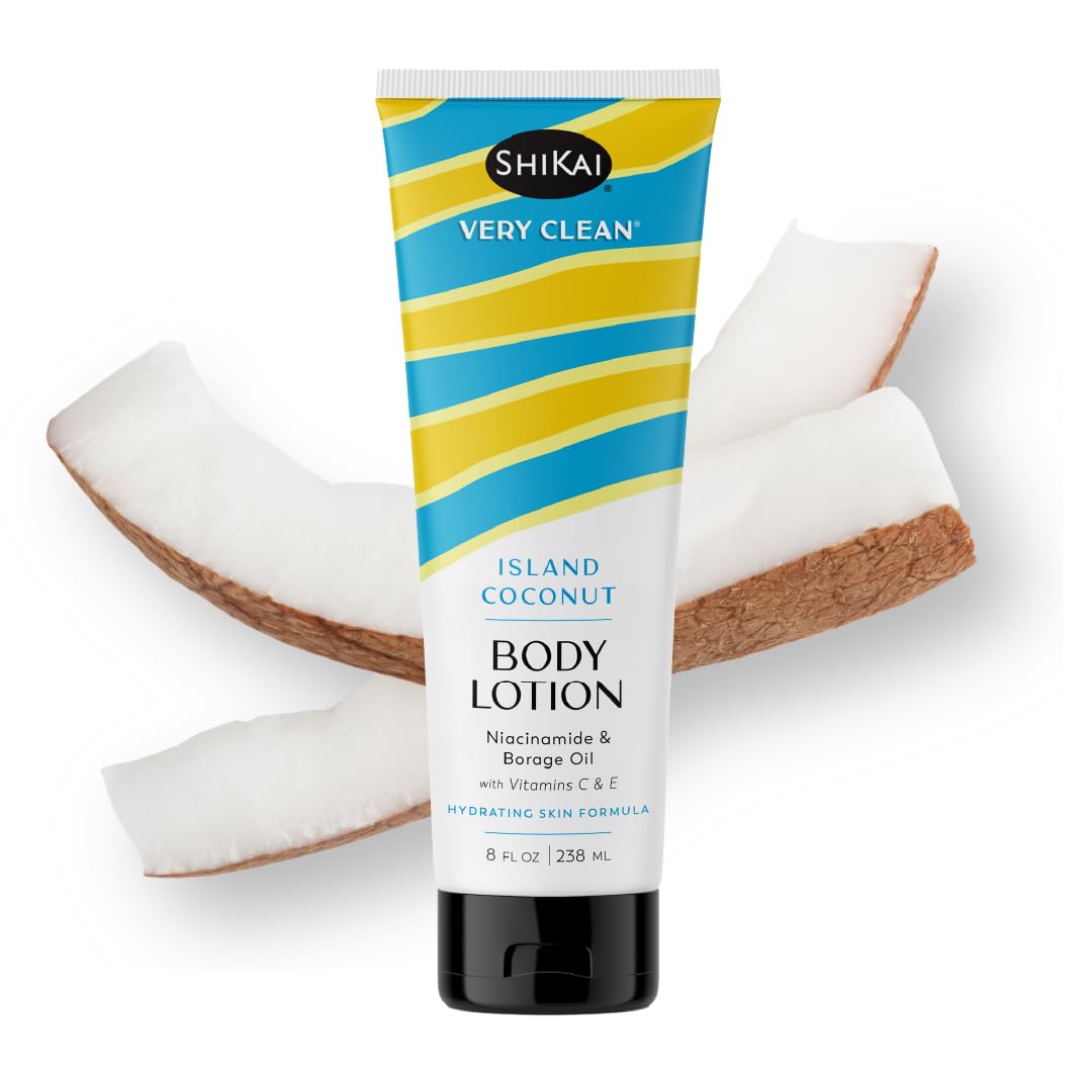 ShiKai Very Clean Body Lotion (Island Coconut, 8 oz) | Hydrating Skin Moisturizer for Dry Skin | With Niacinamide, Borage Oil, and Vitamin C & E