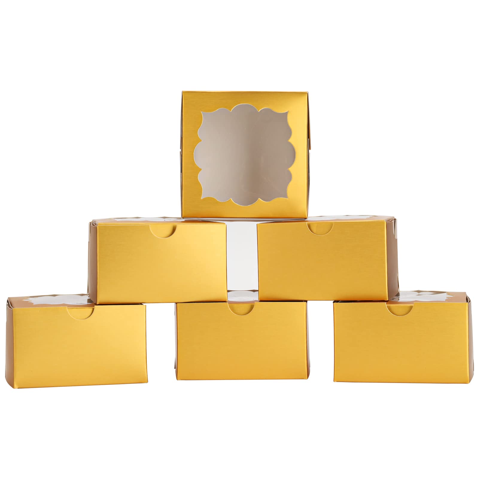 50 Pack Gold Bakery Boxes with Window 4x4x2.5 inches Pastry Boxes for Birthday Baby Shower Party