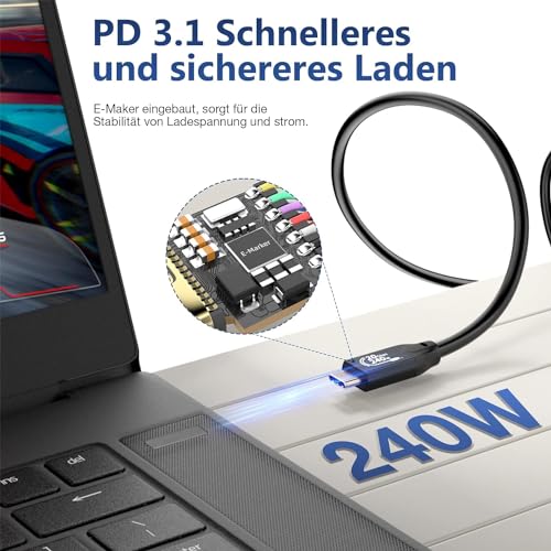 YIWENTEC Kabel USB C do USB C 3.2 Męski męski Gen2 X 2 kabel ładujący typu C, transfer danych 20 Gb/s, 240 W 48 V/5 A, kabel szybkiego ładowania, 4K @ 60 Hz Transfer wideo (5M)