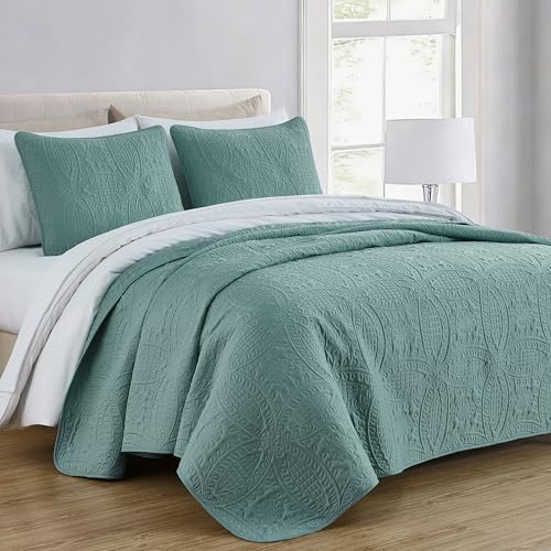 Image of Chezmoi Collection Austin 3-piece Oversized Bedspread Coverlet Set (Queen, Spa Blue)