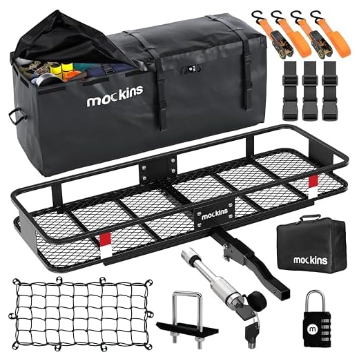 Mockins 60x20x6 Folding Cargo Carrier Hitch Mount Steel Cargo Basket |500lb Capacity Hitch Mount Cargo Carrier | Trailer Hitch Cargo Carrier & 16cu Waterproof Cargo Bag & Net| Hitch Rack Cargo Trailer