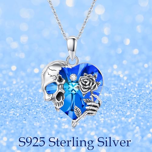 Image of S925 Sterling Silver Skull Pendant Necklace Heart Crystal Birthstone Skull Necklace Gothic Jewlery Gifts