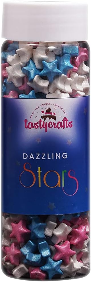 Tastycrafts Edible Star Shaped Sugar Sprinkles for Cake Decoration | Star Candy for Cake Decor | for Cake Decorations & Toppings | for Dessert, Cakes, Cupcakes, Waffles, Cookies (White, Pink & Blue)
