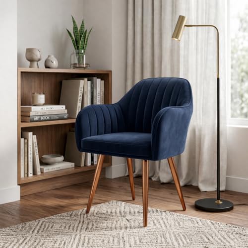 Image of Vergo Plush Velvet Dining Chair, Cushion Seat, Wooden Frame, Metal Legs, Premium Accent Chair for Living Room, Bedroom, Dining Room, Cafe & Restaurant (Navy Blue)