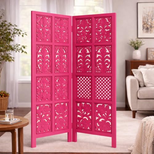 Image of Wooden Room Divider | MDF Privacy Screen Partition | Freestanding Folding Floor Panel | Decorative Carved Handicraft Separator for Living Room, Bedroom & Office (Pink, 5 feet 2 Panels)