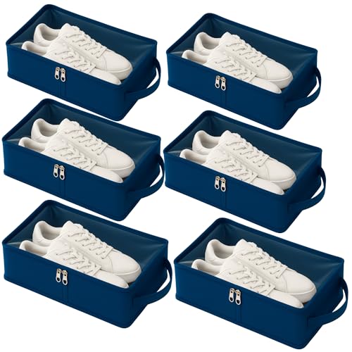 Image of Shoes Pouch Under Bed Storage Box | Multiple Shoe Bag Organizer with Clear Zippered Cover | Dust Proof Travel Shoe Bags for Men & Women | Folding Shoe Packing Pouches (Blue, Pack of 6)