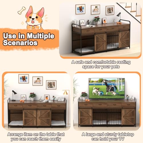 787-Extra-Large-Dog-Crate-Furniture-Double-Dog-Kennel-for-2-Large-Dogs-Heavy-Duty-Wood-Dog-Crate-Wide-Table-TV-Stand-with-Sliding-Doors-Divider-4-Space-Storage-for-Dog-Necesities-Rustic-Oak 787 Extra Large Dog Crate Furniture Double Dog Kennel for 2 Large Dogs Heavy Duty Wood Dog Crate Wide Table TV Stand with Sliding Doors Divider 4 Space Storage for Dog Necesities Rustic Oak