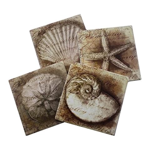 Nautical Ocean Beach Coaster Set of 4 | Assorted Seaside Ceramic Coaster with Cork Backing | Starfish Seashell Sand Dollar and Snail Shell Cover