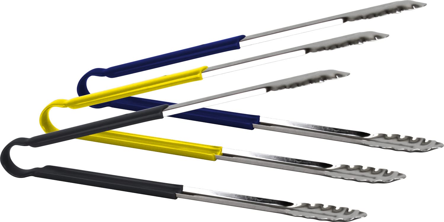 3pc Catergold Professional 15" (38cm) Stainless Steel Food Tongs Set (Blue Yellow Black)