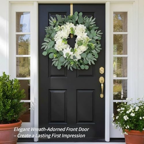 66cm Weißer Hortensien Eukalyptus Kranz für Haustür - Großer Künstlicher Dahlien Rosen Kranz für Hochzeit Deko, Ganzjähriger Moderner Wandkranz, Künstlicher Blumenkranz Bauernhaus-Stil