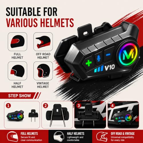 Image of Primate V10 Bluetooth Motorcycle Helmet Headset with HD Calling, HiFi Stereo Music, GPS Voice Navigation, IP67 Waterproof, Long Battery Life, Noise Reduction, Open Face Helmets, Smartphones Compatible