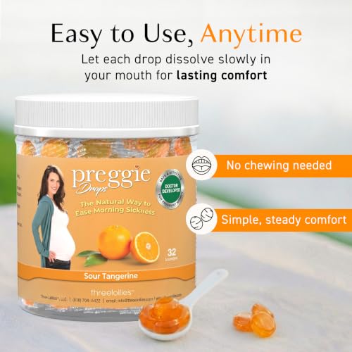 Image of Preggie Drops Pregnancy Nausea Lozenges with Essential Oils, Morning Queasiness Lozenges for Pregnant Women, Natural Sour Tangerine Drops Pack, 32 Count