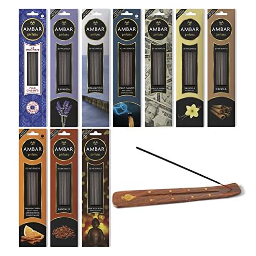 Ambar Perfums Inciensos de Varillas perfumadas con aceites Naturales. 60minutos duración por Varilla. 200 Varillas en Total. Pack 10 Aromas + Porta Incienso