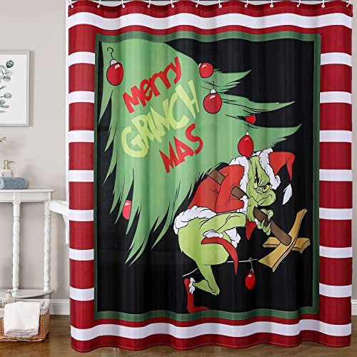 AODERTI Christmas Grinch Shower Curtain with 12 Hooks 72x72 Waterproof Polyester Christmas Bathroom Decorations Shower Curtains for Bathroom Heavy Weighted Hem Machine Washable Quick Dry