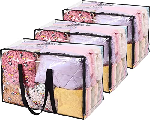 Image of Vieshful 3 Pack Clear Storage Bags 110L Over-Sized Clothes Bags with Double Zippers Sturdy Handles Tote Moving Bags for Duvet, Comforters and Blankets Organizer