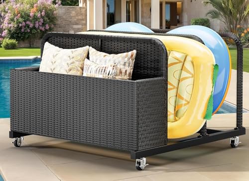 GOOBED Pool Storage, Wicker Pool Float Holder with Lockable wheels,Pool Organizer for cushions, Floaties, Noodles, Life Vests, Beach Balls, Patio Furniture (Black)